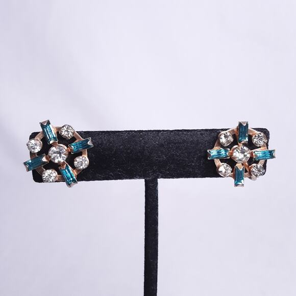 Vintage Stud Earrings Blue Navette Clear Round Rhinestones On Gold Tone Metal - Picture 1 of 8